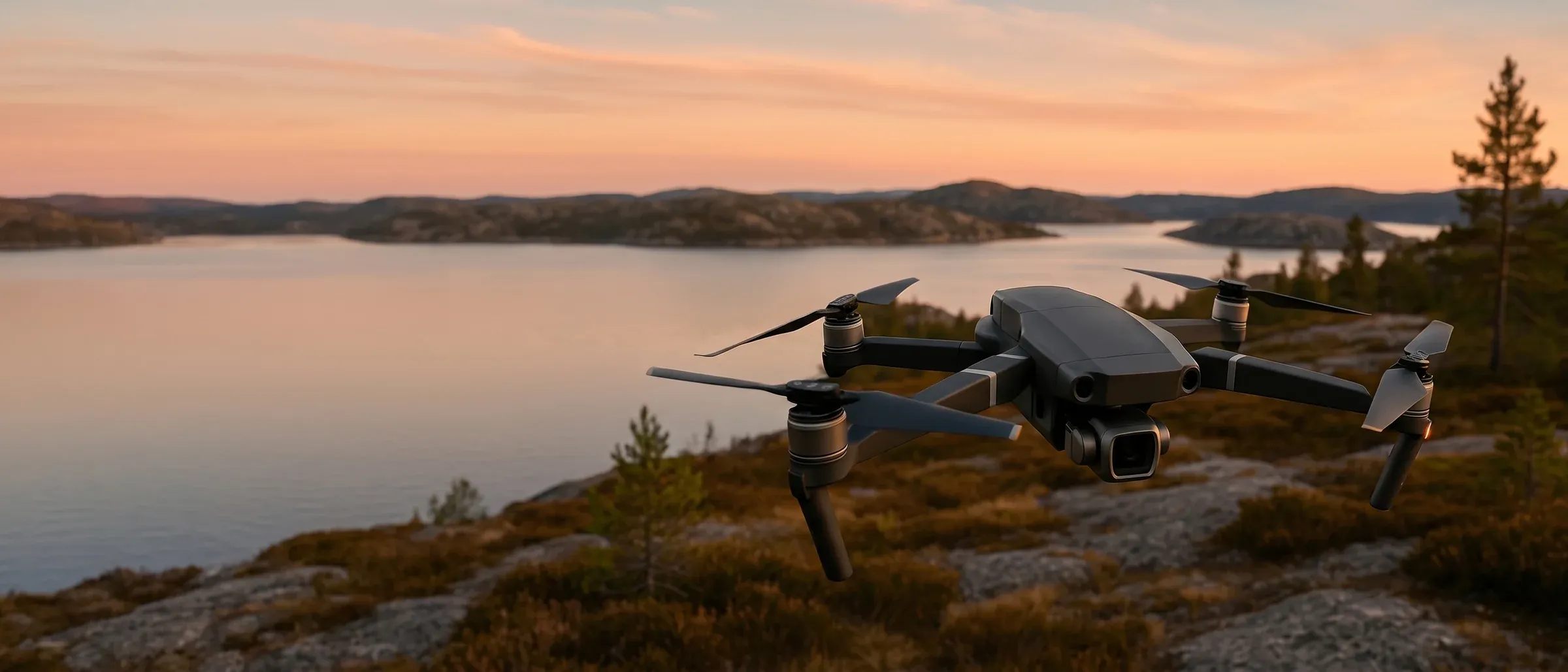 Drone i lufta over et vann ved solnedgang